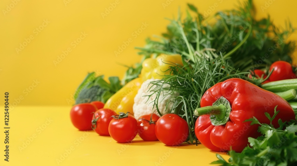 Photo of fresh vegetables on yellow background with empty space for product display Photo of fresh vegetables on yellow background with empty space for product display