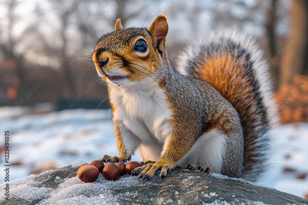 Fototapeta premium Squirrel foraging for acorns in the snowy winter landscape