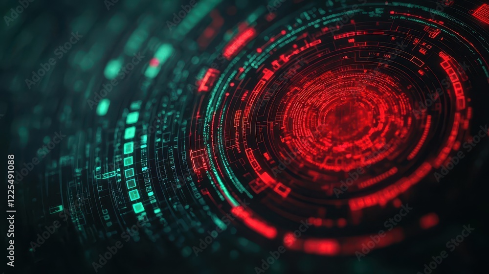 Abstract binary world with glowing red warning icons and green encrypted zones, cyber intelligence system Abstract binary world with glowing red warning icons and green encrypted zones, cyber intelligence system