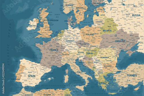 Europe Map Retro Vintage Ancient - stock vector colored illustration with layers