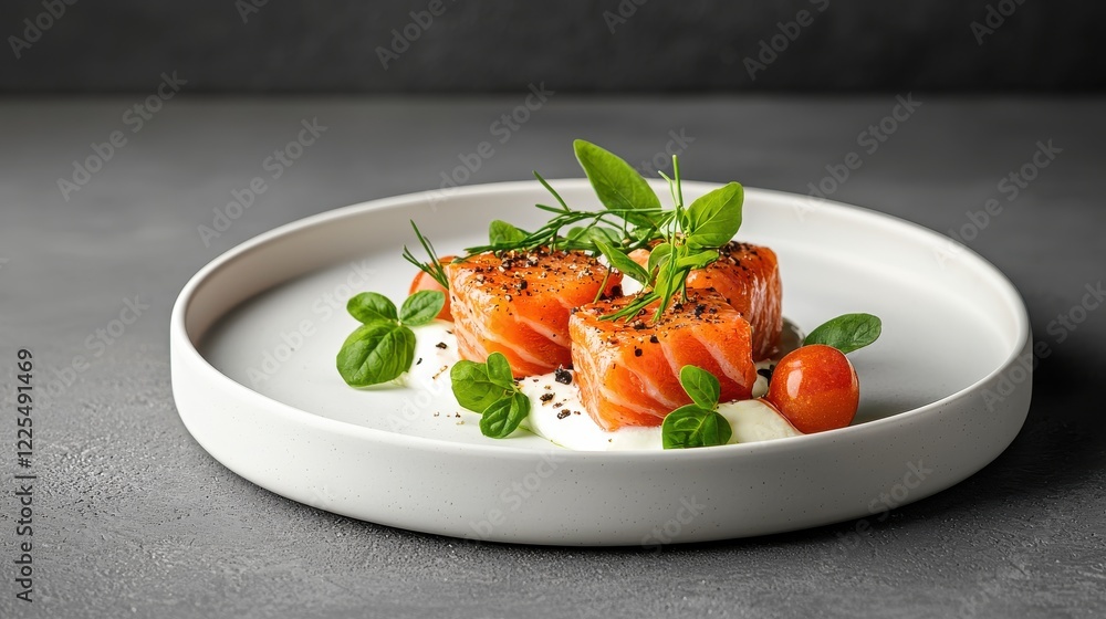 Gourmet Salmon Dish with Fresh Herbs and Cherry Tomatoes on Plate Gourmet Salmon Dish with Fresh Herbs and Cherry Tomatoes on Plate