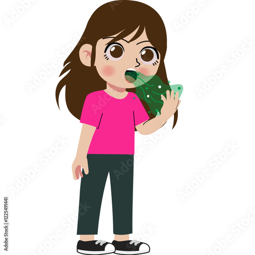 Girl check bad breath in mouth