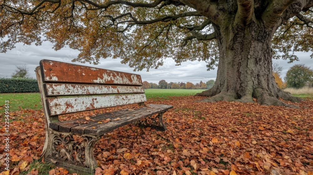 Rustic Bench Under a Large Tree in Autumn Rustic Bench Under a Large Tree in Autumn