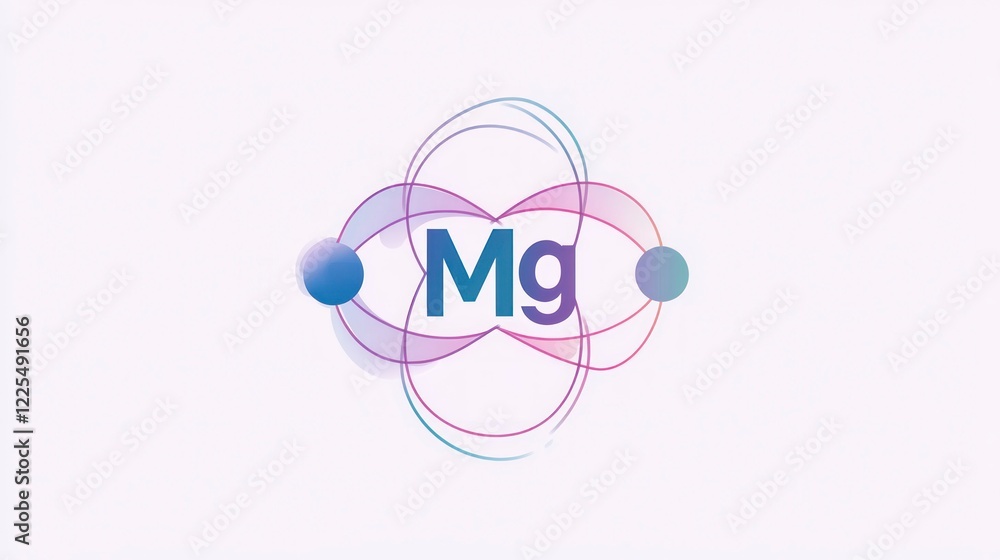 Logo, minimalist style shape with text Mg, an outline of an atom in the center and two circles around it. Solid background color, light purple and blue colors, simple design, vector graphic Logo, minimalist style shape with text Mg, an outline of an atom in the center and two circles around it. Solid background color, light purple and blue colors, simple design, vector graphic