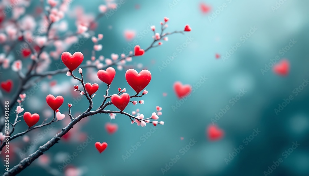 A romantic Valentine's Day background featuring a delicate tree branch adorned with vibrant red hearts, symbolizing love and affection. A romantic Valentine's Day background featuring a delicate tree branch adorned with vibrant red hearts, symbolizing love and affection.