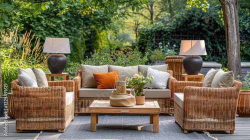 Rattan garden furniture set with lamps and table in the background photographed authentically. photo