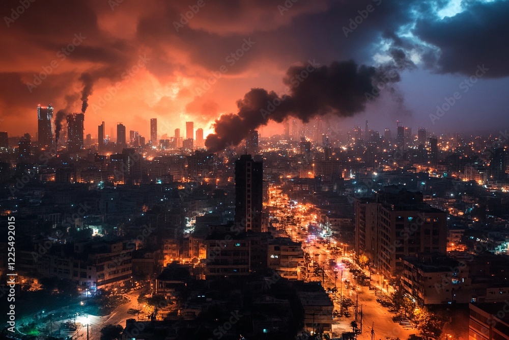 Obraz premium Urban skyline engulfed by dramatic clouds and smoke during twilight hours of chaos