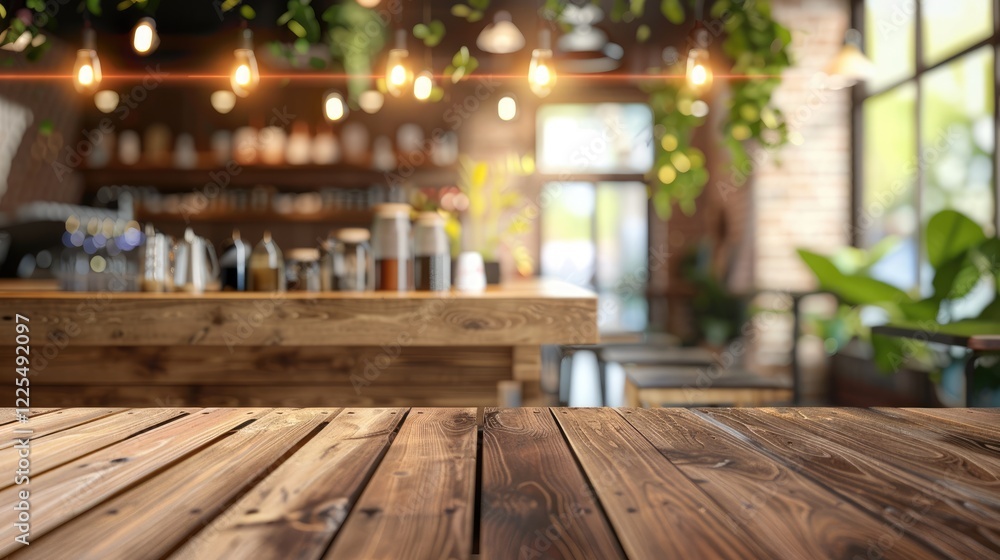 Restaurant interior with wooden table, blurred coffee shop background, mockup banner display Restaurant interior with wooden table, blurred coffee shop background, mockup banner display