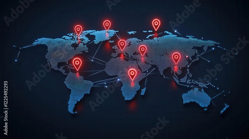 Fototapeta Naklejka Na Ścianę i Meble -  Abstract glowing map of the world with data streams and red threat markers, symbolizing global cyber threat intelligence