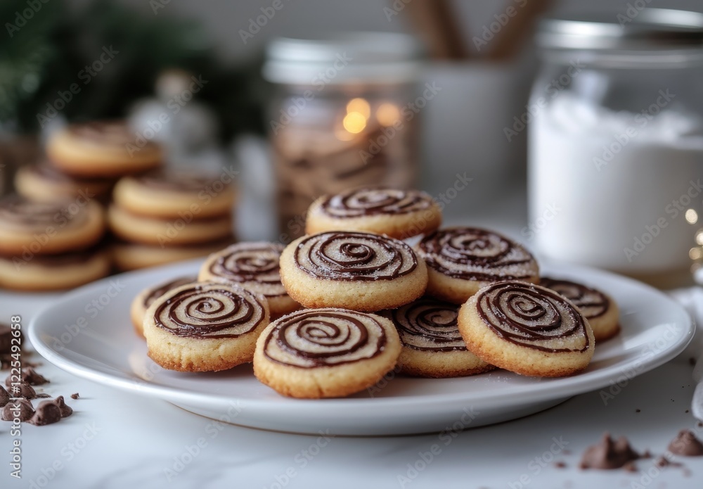 Delicious Swirled Cookies on a White Plate with Sweet Ingredients Delicious Swirled Cookies on a White Plate with Sweet Ingredients