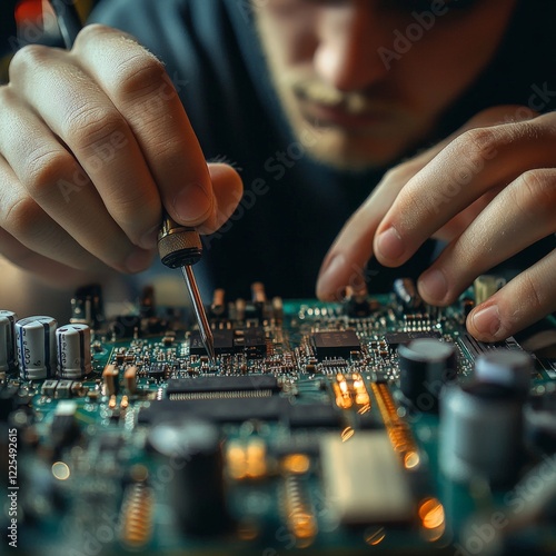 Macro shot of soldering a circuit board, capturing technological precision and modern electronics craftsmanship.