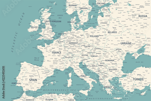 Europe Map Retro Vintage Ancient - stock vector blue green faded colored illustration with layers