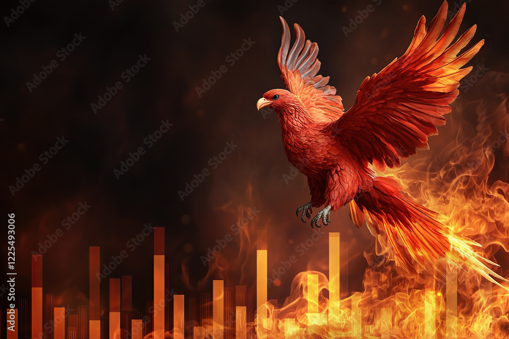 Obraz premium glowing phoenix with fiery wings soars through radiant graph of flames, symbolizing rebirth and transformation. vibrant colors and dynamic composition evoke sense of power and renewal