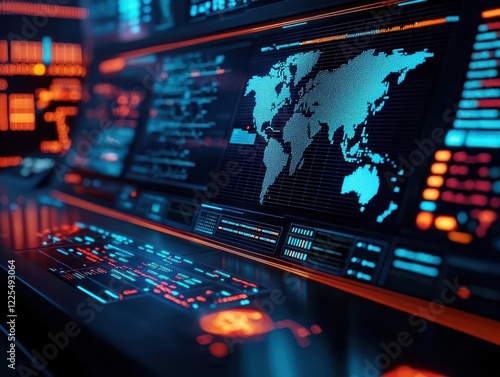 Wallpaper Mural Futuristic control room with holographic world maps and glowing cyber attack indicators, abstract tech visuals Torontodigital.ca