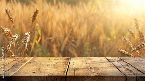 Shavuot holiday design mockup on wooden table with wheat field background photo