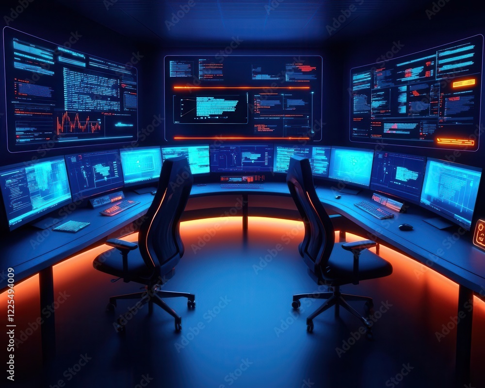 Virtual data center with holographic cyber threat monitoring systems, futuristic intelligence design Virtual data center with holographic cyber threat monitoring systems, futuristic intelligence design