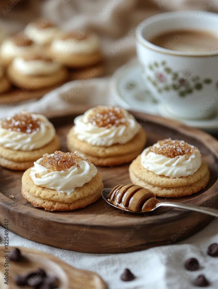 Delightful Cookies with Cream Frosting and Golden Topping on Wooden Plate Delightful Cookies with Cream Frosting and Golden Topping on Wooden Plate