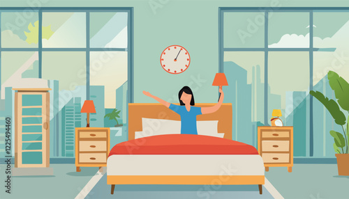 Illustration of a girl waking up early in her cozy bedroom with the morning sun outside the window.