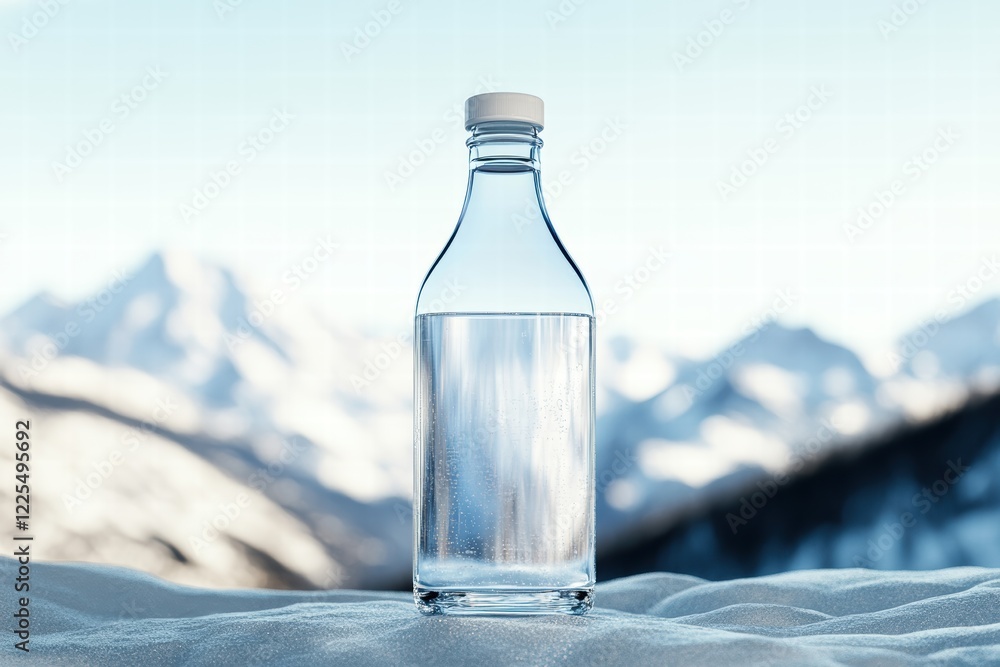 Clear glass bottle filled with water set against a snowy mountain backdrop during daylight Clear glass bottle filled with water set against a snowy mountain backdrop during daylight