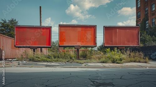 Three billboards placed in a nondescript urban setting. photo