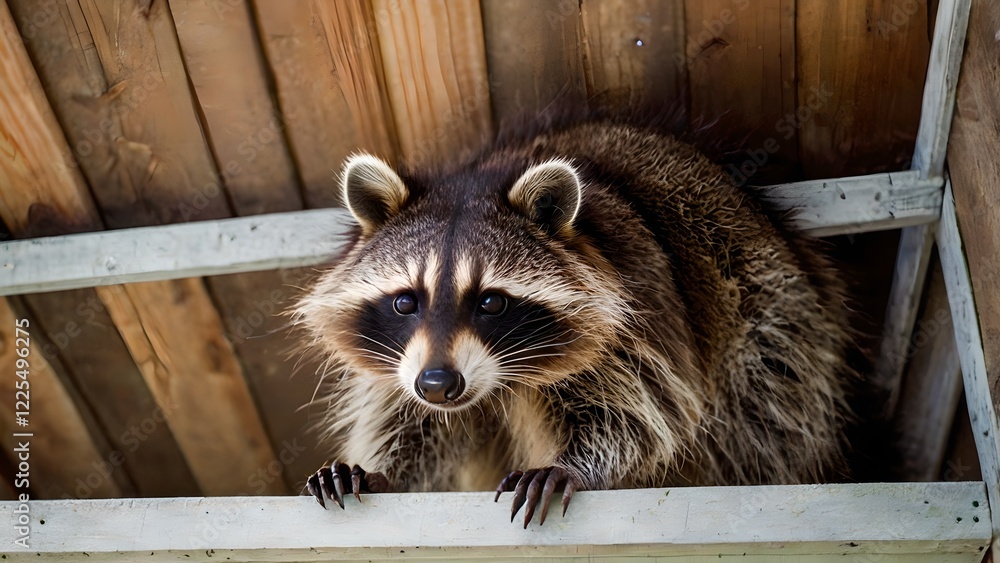 Curious Raccoon Exploring Attic Wooden Structure