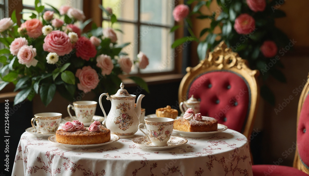 Charming tea set with pastries on a beautifully arranged table decorated with flowers in an elegant room Charming tea set with pastries on a beautifully arranged table decorated with flowers in an elegant room
