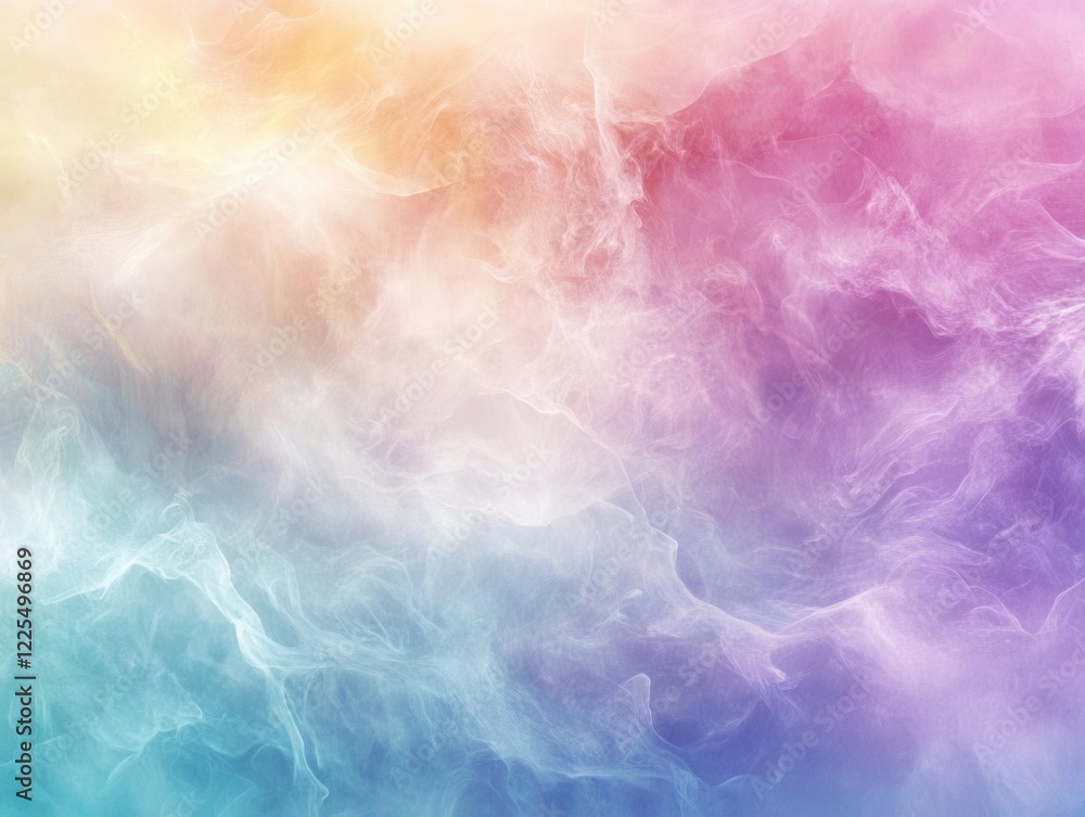 Obraz premium ethereal abstract cloudscape with translucent layers of cumulus clouds in pastel hues, backlit by soft sunlight creating a dreamlike atmosphere