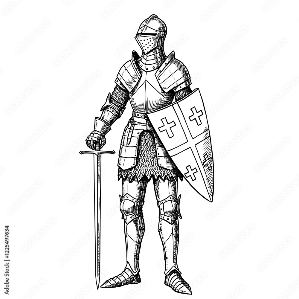 Obraz premium generate a ink drawing of a heraldic medieval knight, isolated on white background