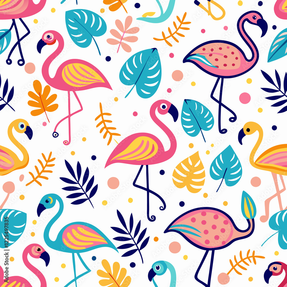 Tropical flamingos seamless pattern, summer design, white background, textile print Tropical flamingos seamless pattern, summer design, white background, textile print