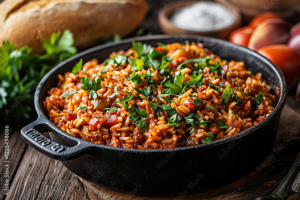 Vibrant dish of rice and vegetables garnished with fresh herbs, set in a rustic kitchen with ingredients Vibrant dish of rice and vegetables garnished with fresh herbs, set in a rustic kitchen with ingredients