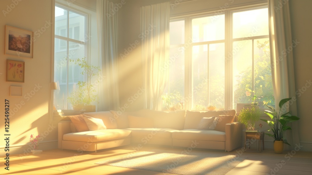 Fototapeta premium Sunny Living Room With Sectional Sofa And Plants