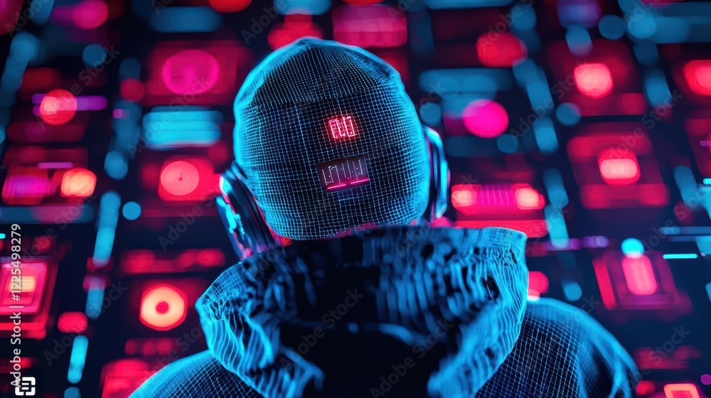 Naklejka premium Hacker avatar in a vibrant digital world filled with glowing malware symbols and breached data streams