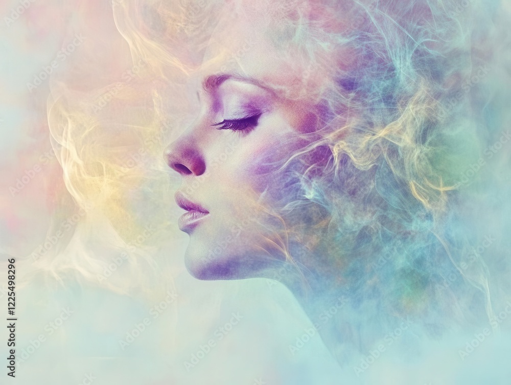 ethereal female portrait merged with cosmic nebula, iridescent colors, flowing digital paint effects, dreamy double exposure ethereal female portrait merged with cosmic nebula, iridescent colors, flowing digital paint effects, dreamy double exposure