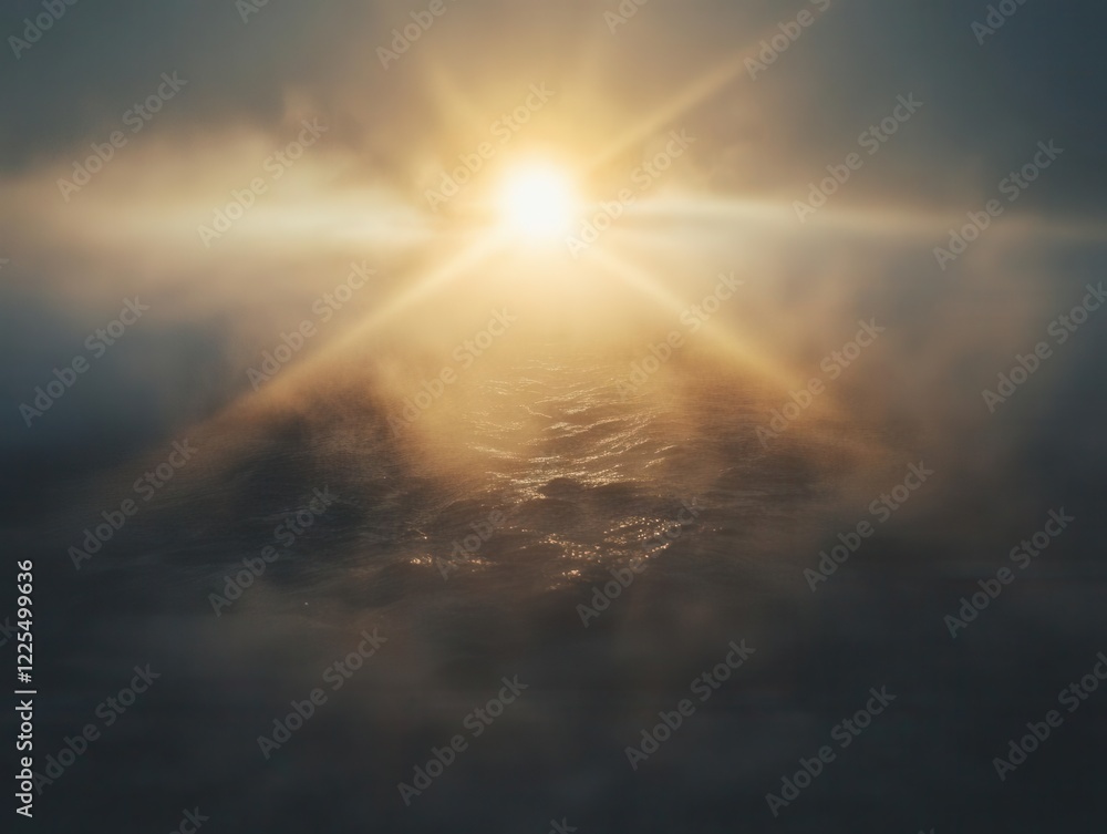 Fototapeta premium ethereal sunburst piercing through morning fog, creating dramatic lens flares and golden rays, captured with anamorphic lens, dreamy atmospheric photography