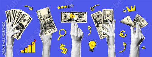Creative representation of hands showcasing various stacks and bills of currency with playful designs illustrating finance concepts.