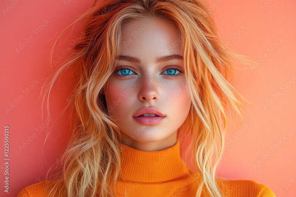 A striking model poses with tousled hair and bright blue eyes, dressed in an orange turtleneck A striking model poses with tousled hair and bright blue eyes, dressed in an orange turtleneck