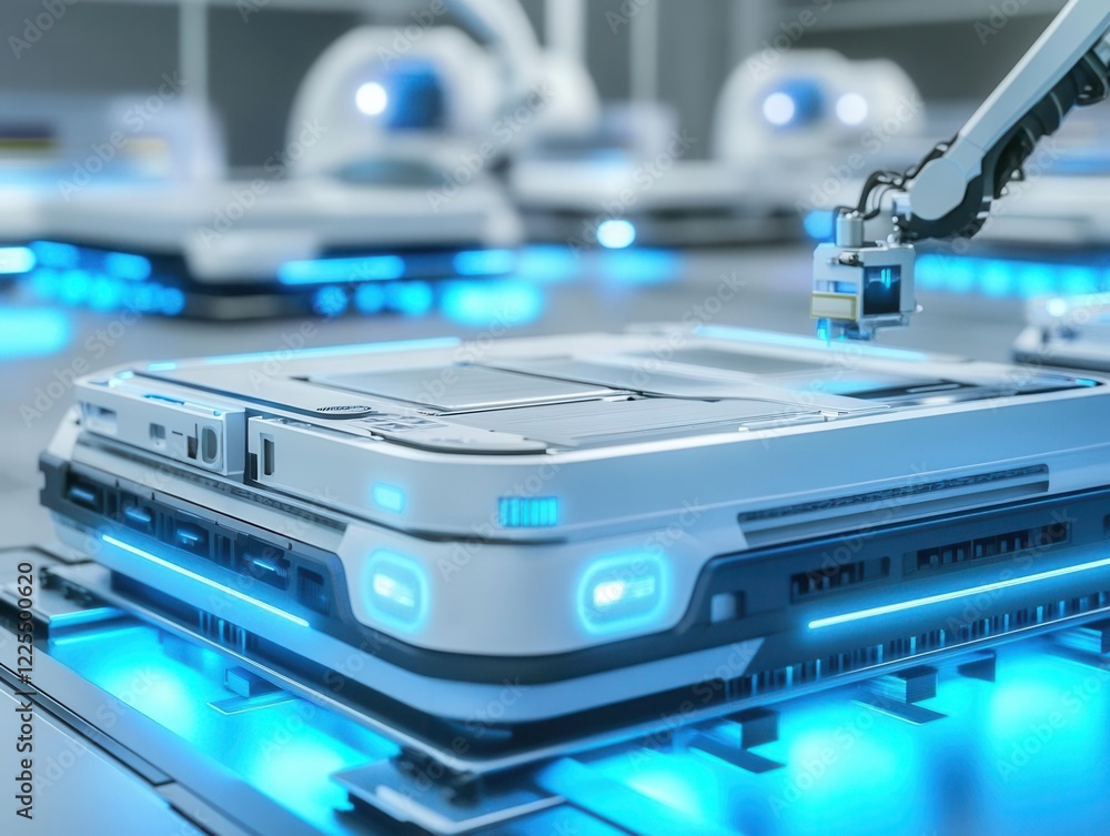 futuristic automated production line with robotic arms assembling electric vehicle batteries, precise machinery, cool blue led lighting, clinical environment futuristic automated production line with robotic arms assembling electric vehicle batteries, precise machinery, cool blue led lighting, clinical environment