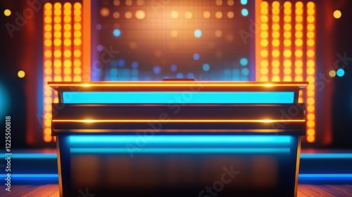 Illuminated Stage Podium with Neon Lights and Background