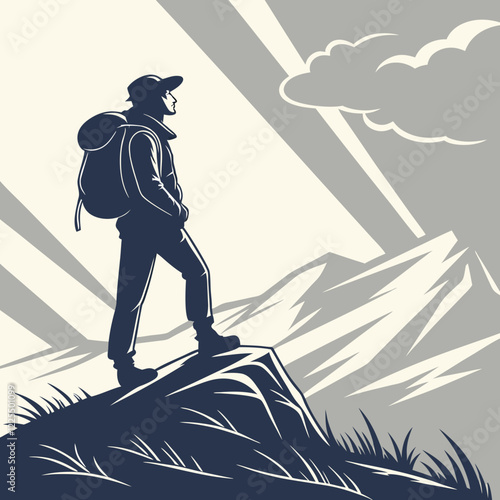 Silhouette of a hiker with a backpack on a mountain.