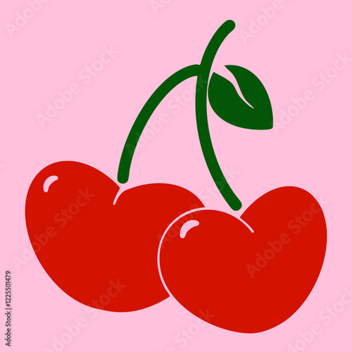 Cherries with leaf. Retro flirty cherries. Trendy red girly berry in the form of hearts. Romantic fruit decoration. Vector set of cherries for Valentine's Day. Isolated graphics