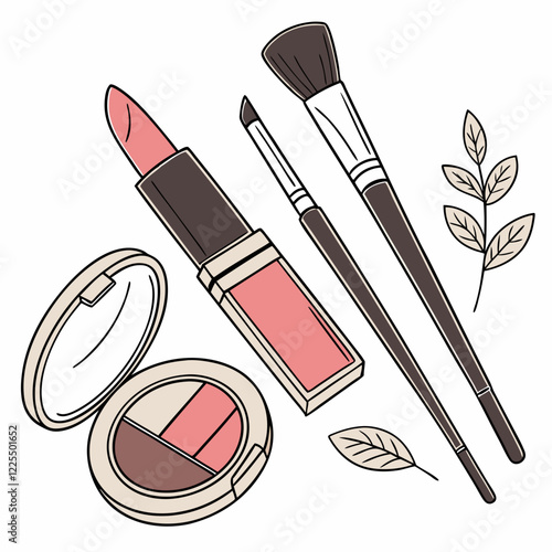 Flat lay of beauty products like brushes, lipstick, and blush.