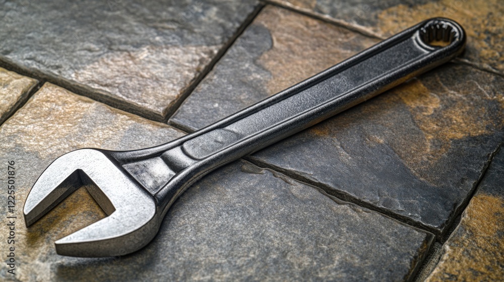 Metal Adjustable Wrench on Stone Surface Metal Adjustable Wrench on Stone Surface