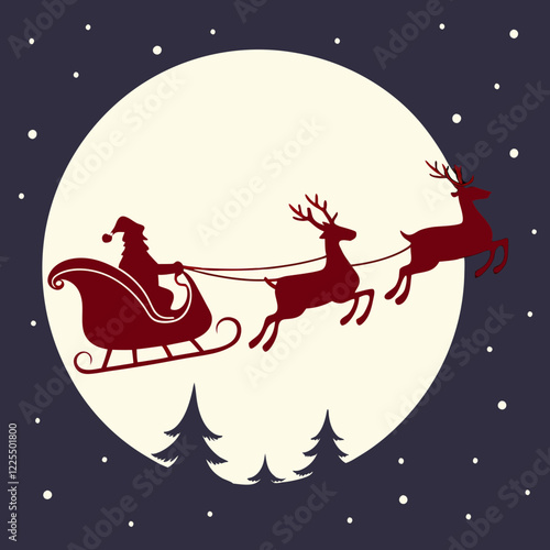 Santa Claus flying in his sleigh silhouetted against a full moon