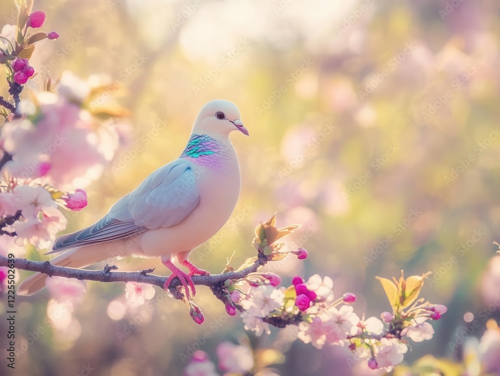 iridescent dove in morning light, perched on flowering cherry branch, soft bokeh background with spring colors iridescent dove in morning light, perched on flowering cherry branch, soft bokeh background with spring colors