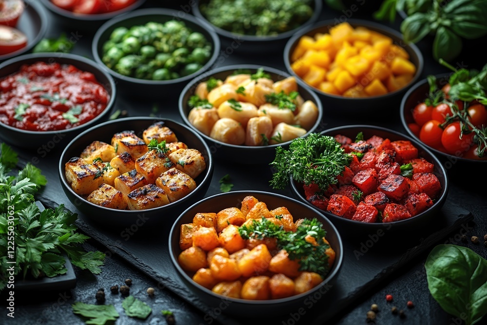 Colorful array of fresh vegetables and herbs arranged for a culinary presentation Colorful array of fresh vegetables and herbs arranged for a culinary presentation