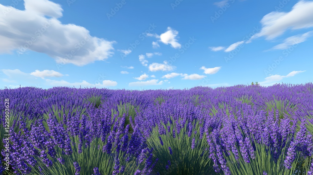 Fototapeta premium Expansive Lavender Field Under Bright Blue Sky with Fluffy Clouds