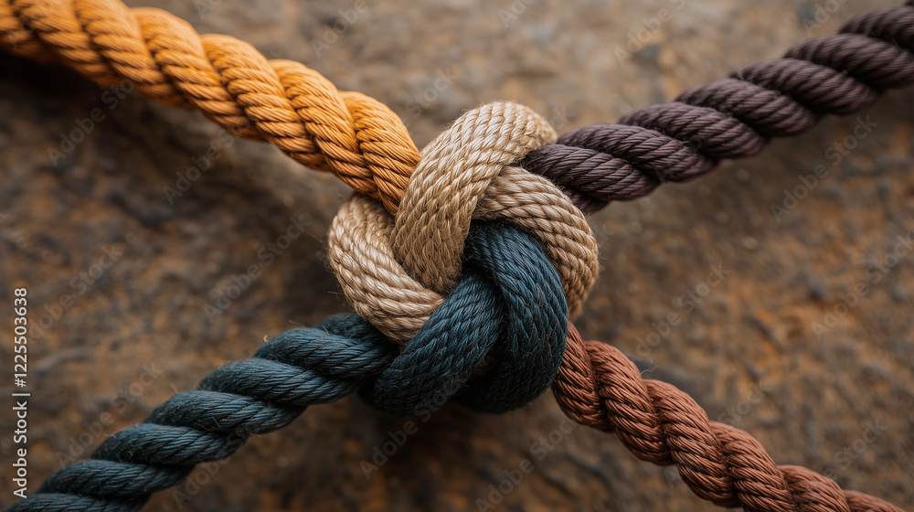 A powerful symbolic image of intertwined ropes in different colors and textures, forming an unbreakable knot that represents unity and strength in diversity. A powerful symbolic image of intertwined ropes in different colors and textures, forming an unbreakable knot that represents unity and strength in diversity.
