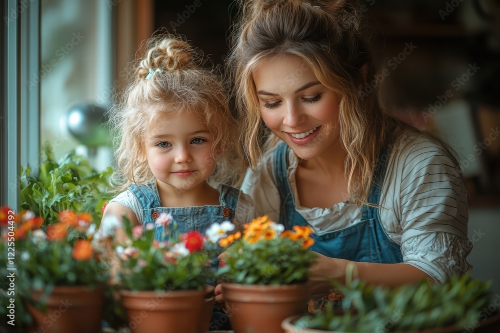 Mother and child enjoy planting colorful flowers in pots together indoors Mother and child enjoy planting colorful flowers in pots together indoors