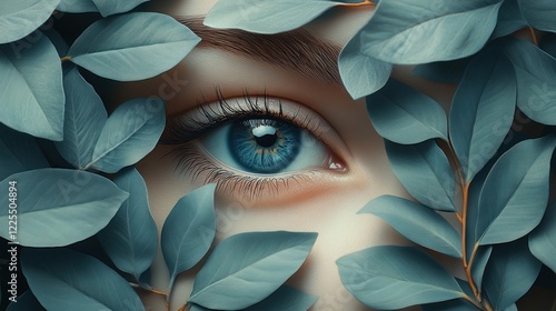 Blue eye peeking through leaves, nature backdrop, beauty advert photo