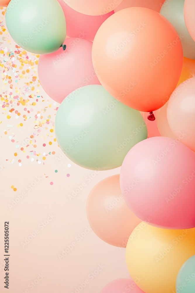 whimsical collage of colorful balloons sparkling confetti and abstract geometric shapes floating against soft pastel whimsical collage of colorful balloons sparkling confetti and abstract geometric shapes floating against soft pastel
